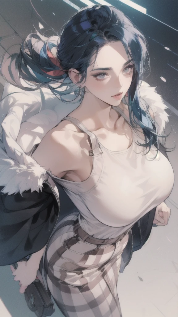 TheSpirit, floating hair ,((blue skin)),green eyes,navel, solo, beach, close up, blush,black skirt, SpiScho,very Long hair, fingernails, black stockings,huge black thighhighs, (insanely detailed, beautiful detailed face, masterpiece, best quality), spread legs, grab belly, ((black crop top)),wide hip