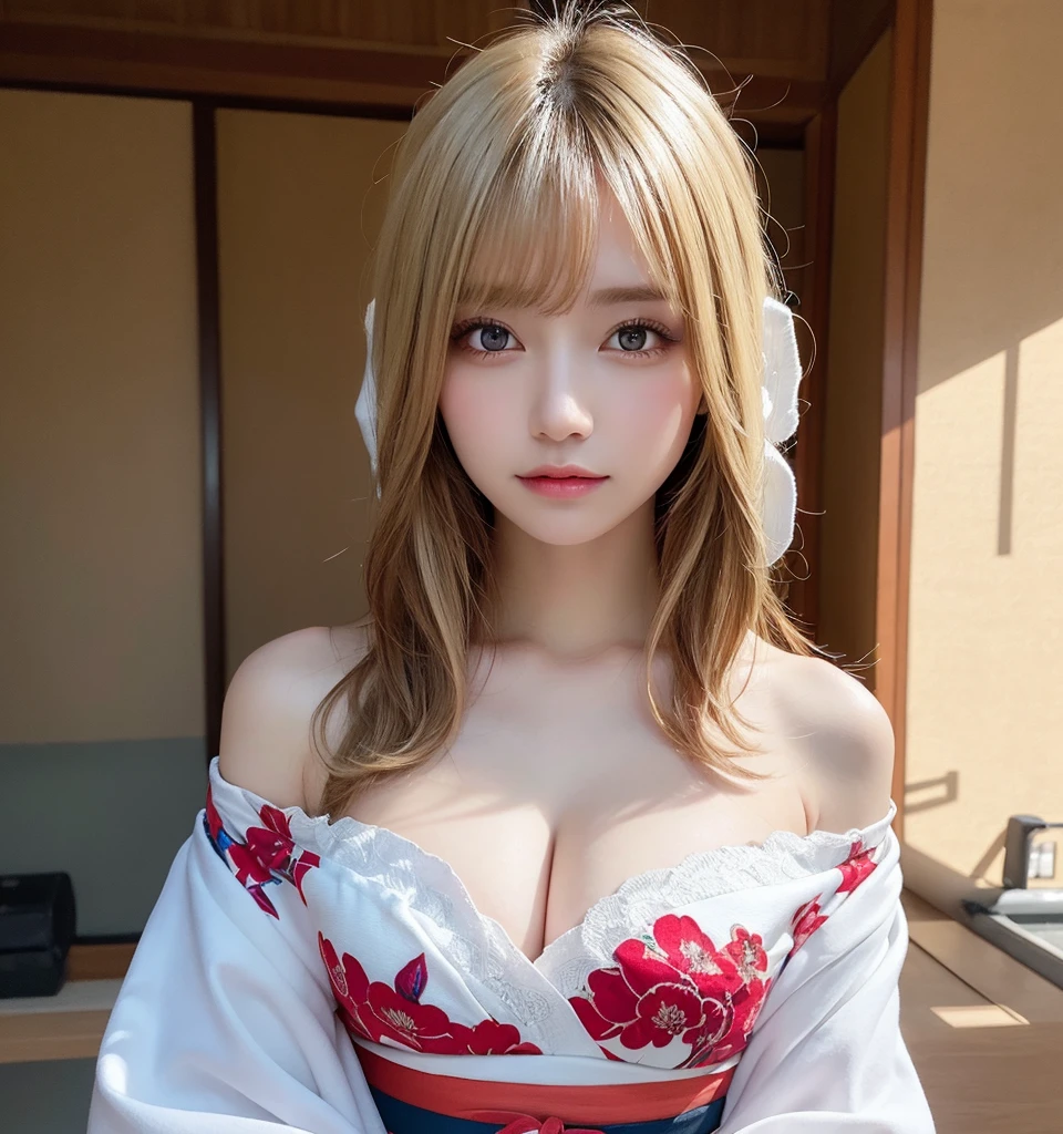 masutepiece, Best Quality, Illustration, Ultra-detailed, finely detail, hight resolution, 8K Wallpaper, Perfect dynamic composition, Beautiful detailed eyes, Kimono, Off-shoulder, cleavage,Height 165cm,spiritual girl,Blonde Hair,Hood