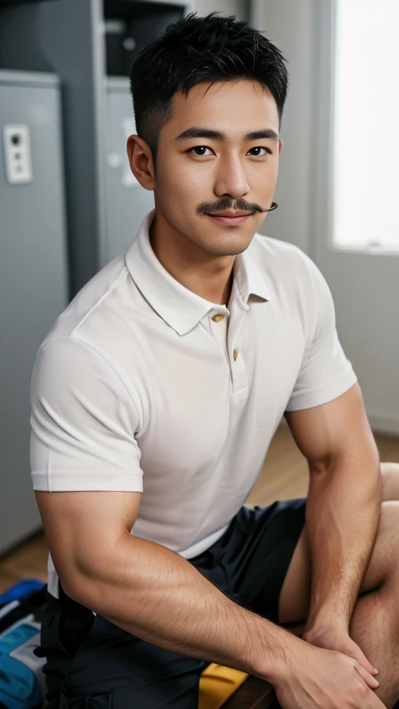 Masterpiece, best quality, high resolution, realistic, handsome, Take beautiful photos, A photo of a 35-year-old Gym Association member sitting on the floor. (The man has a thin mustache.) ,Full body, Portrait, Standing in the locker room, make military media, weight, Amazing , Buzzcut short hair,stubble head , (Hyper Muscle),looking at the audience, Flirt with the camera, charming, (Tight white polo shirt Cargo pants ),(GS-Male:1), 8k,Bokeh,Portrait,look at the viewer, smile