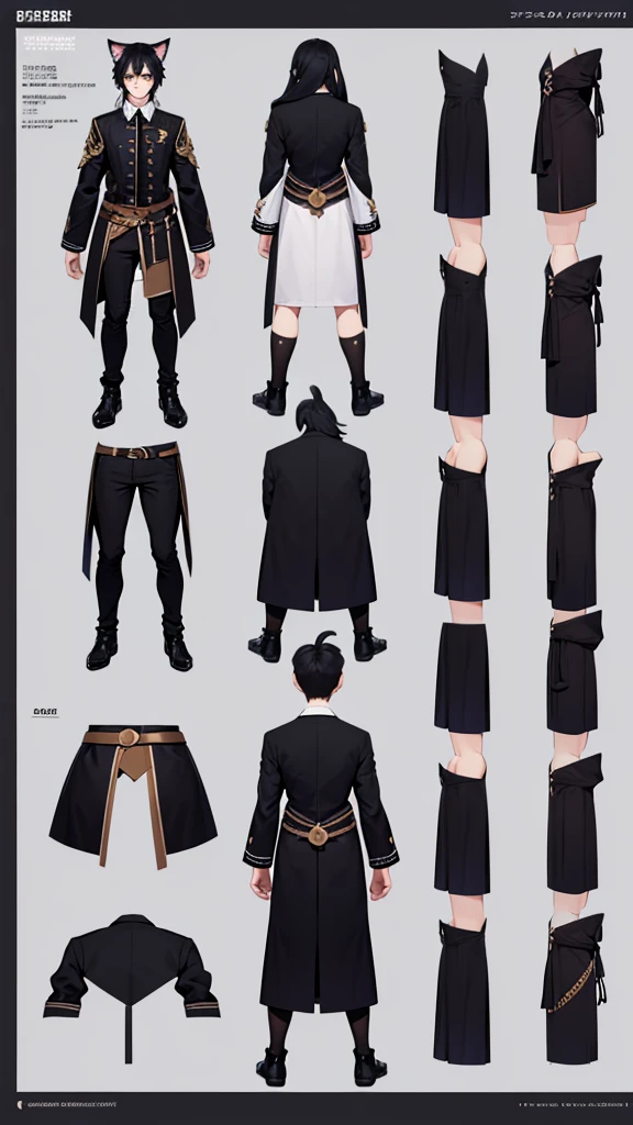 (CHARACTERSHEET:1) (MULTIPLE VIEWS FULL BODY UPPER BODY REFERENCE SHEET:1) Cute Boy, Anime Girl, Black Hair, Cat ears, Cat Tail (CharacterSheet:1), (multiple views full body upper body reference sheet:1)