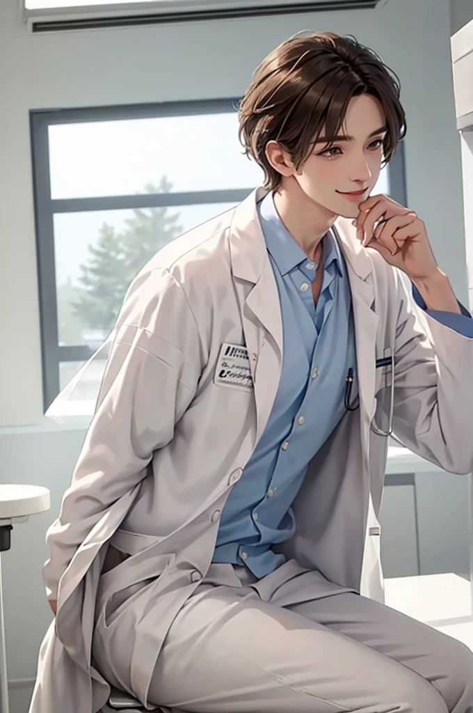 Doctor, 1 man, solo, sitting (Looking at the audience), (white lab coat:1.5),  ,Stylish clothes who is an adult /(brown hair/)  smile kindly (The best quality masterpiece:1.2) , Delicate illustrations, Special details, (hospital examination room) In the community, detailed background