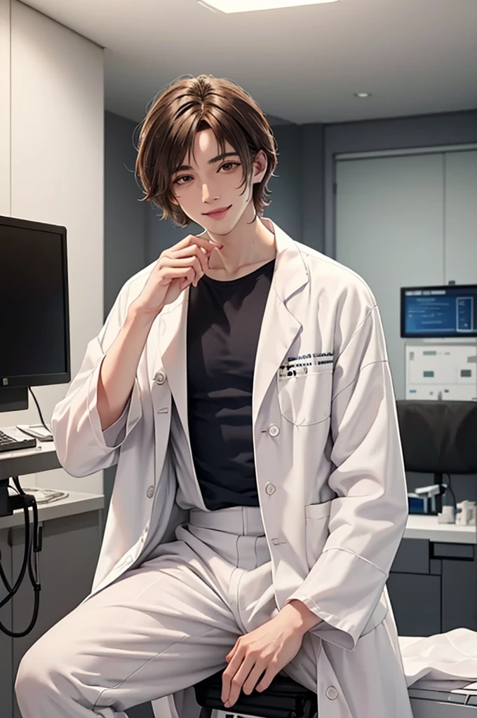 Doctor, 1 man, solo, sitting (Looking at the audience), (white lab coat:1.5), ,Stylish clothes who is an adult /(brown hair/) smile kindly (The best quality masterpiece:1.2) , Delicate illustrations, Special details, (hospital examination room) In the community, detailed background