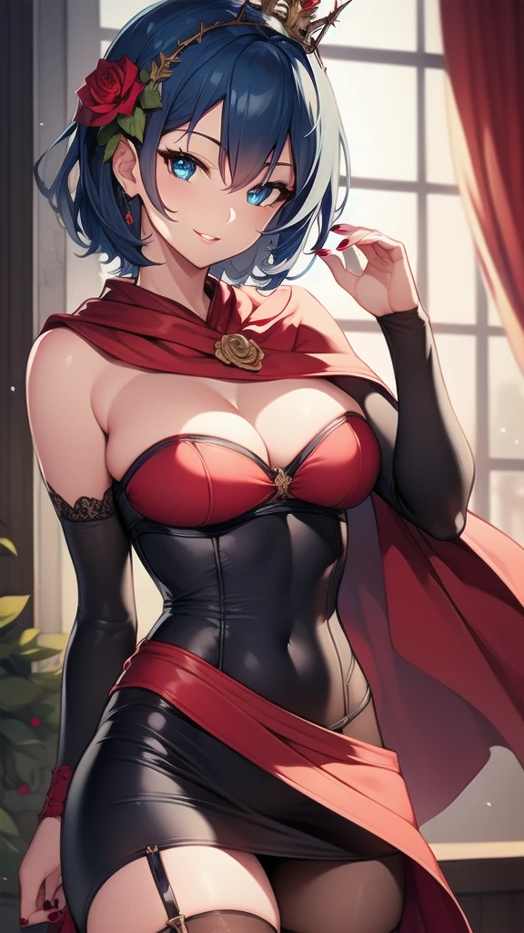 masterpiece, best quality, solo girl, blue hair, blue eyes, short hair, medium breasts, sexy body and face, wavy hair, smile, parted lips, red lips, ribbon, crown of thorns, thorns, (red cape, dress flower), detached sleeves, hair flower, hair ornament, long sleeves, black corset, long skirt, red dress, rose, strapless dress, long skirt, thighhighs, thighlet, red nails, dress flower, black thighhighs, mksks style, beautiful background, orchestra, indoors, sexy pose, cowboy shots, sharp focus, ultra-detailed body, face, and eyes, vibrant, creative, dynamic, high definition, high resolution, 8k, (Upscale: R-ESRGAN 4x+ Anime6mage enchance:4x), voluptuous body, cinema lightning, looking at the viewer, (realistic:1.4), (beautiful detailed face, beautiful detailed eyes, volumetric lighting),