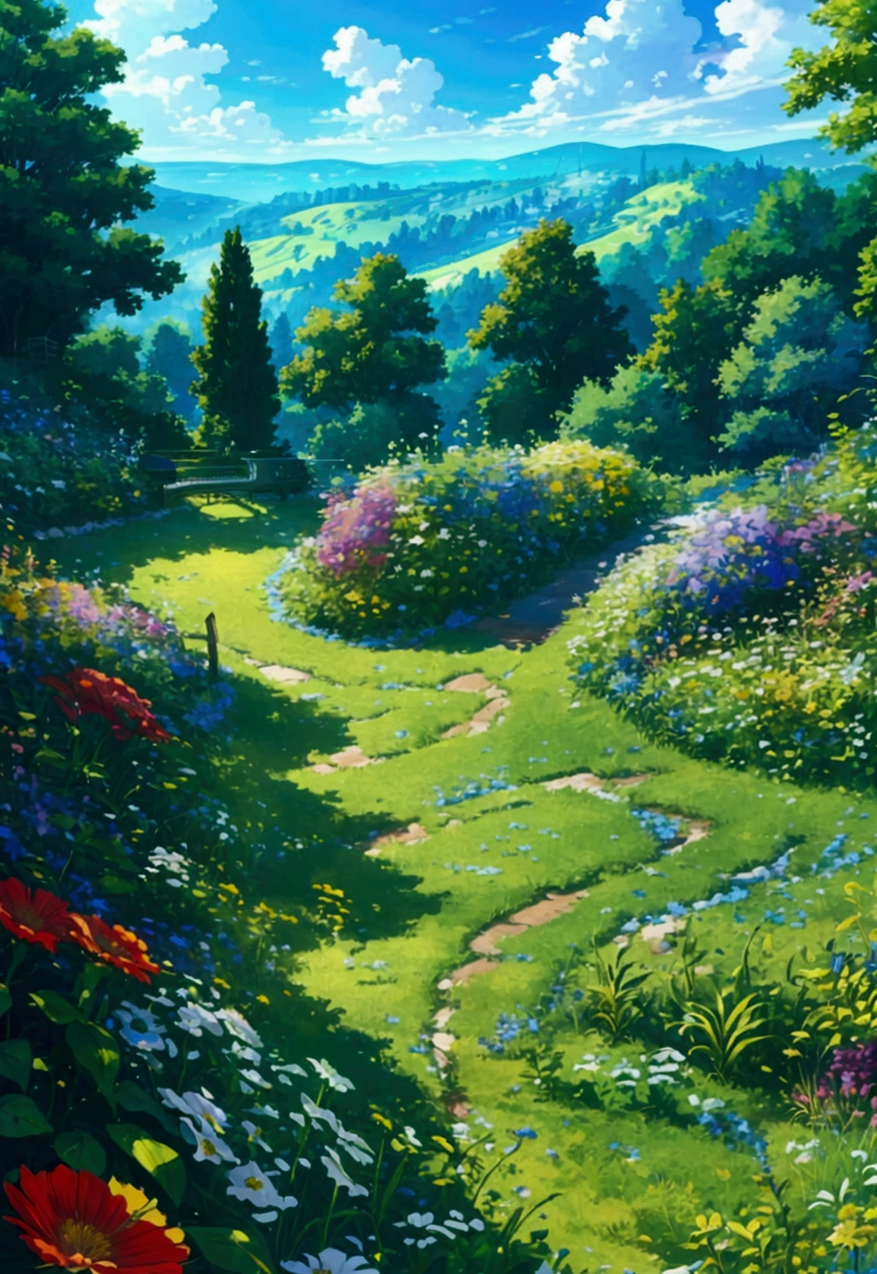a beautiful glass piano on a hill, surrounded by lush greenery and colorful flowers, a pleasant summer day with beautiful clouds in the sky, highly detailed, 4k
