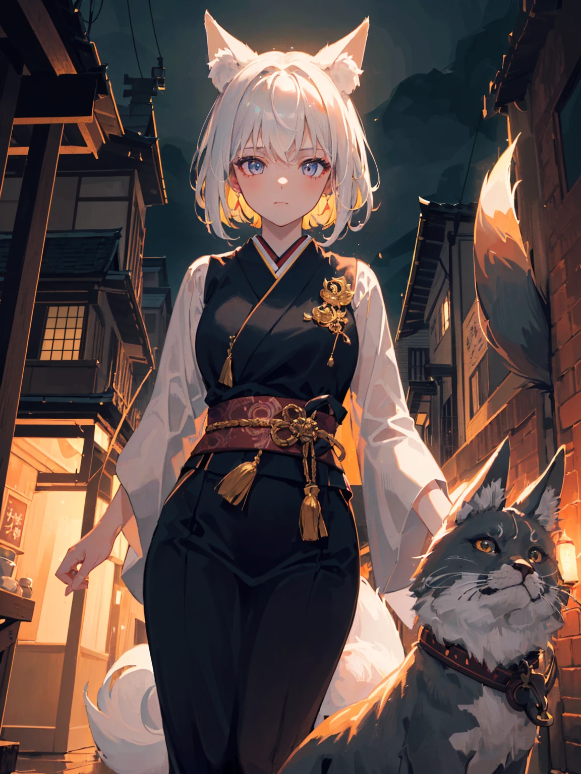 ((Best Quality, 8K, Masterpiece: 1.3)), 1girl, Fox-looking Slim with 9 syrups and with a burning golden on a dark night with a Japanese city with ambient lights and a gloomy lighting focus on the girl and with lus and shadow effects caused by the illuminated aura.