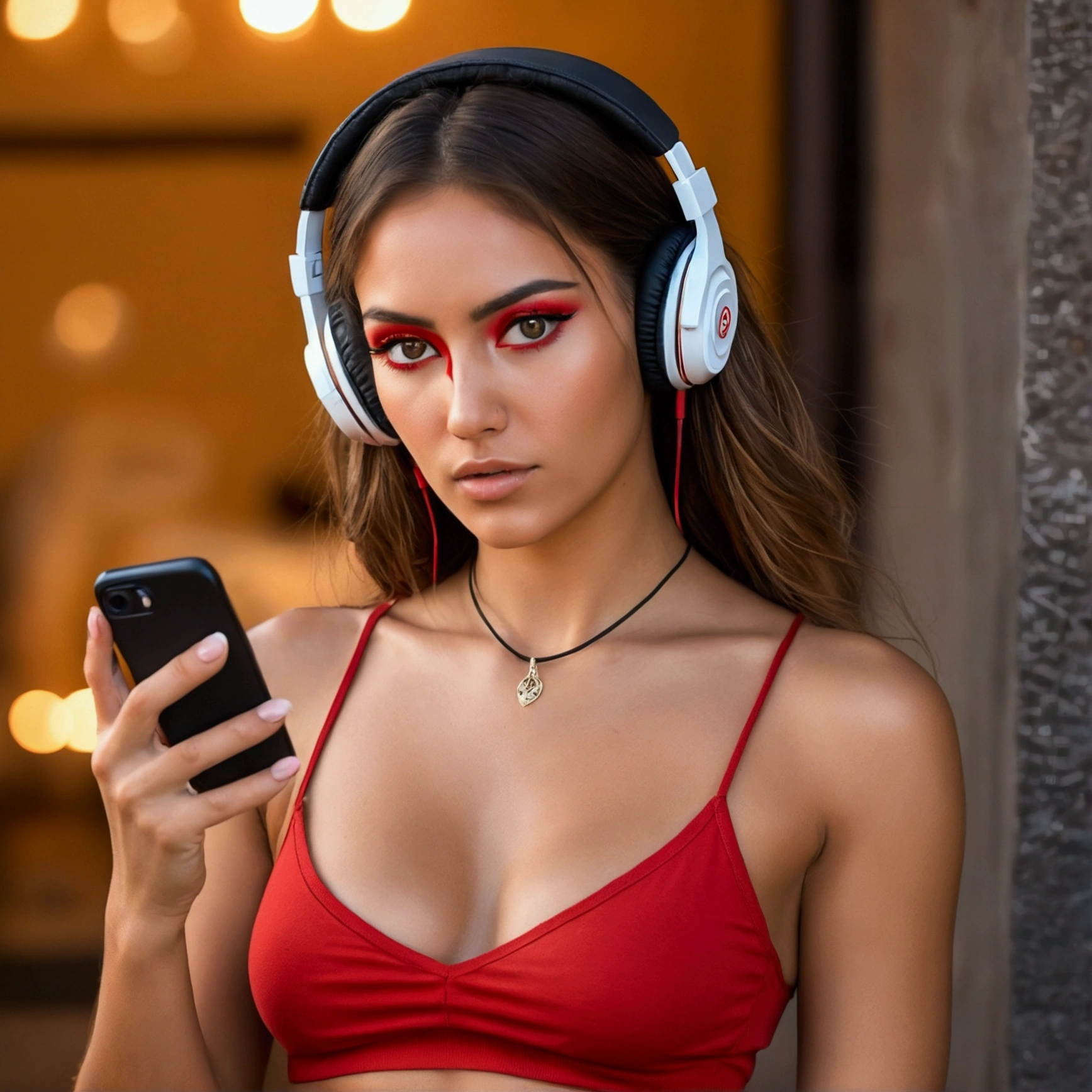 a woman wearing headphones looking at her phone, hot , perfect face template, strong chest, beautiful tan mexican woman, greek fantasy, wearing a sexy cropped top, live2d, red contacts, inspired by Bernard D’Andrea, everything in focus, deep fake, wearing a cute top, uncropped