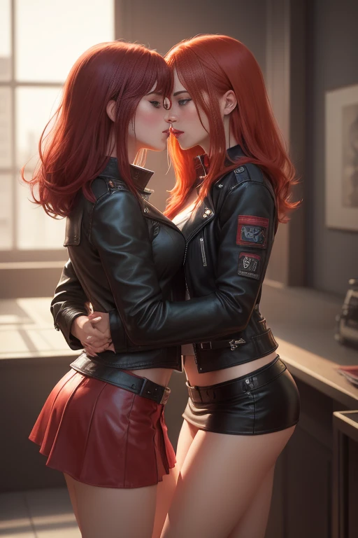 2 girls, leather jacket, mini skirt, Red hair, full body shot, lesbian, kiss, Face to face, hands pressed tightly to chest,romance, realistic image, cinema