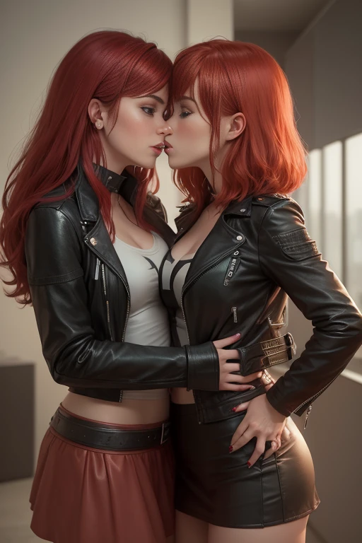 2 girls, leather jacket, mini skirt, Red hair, full body shot, lesbian, kiss, Face to face, hands pressed tightly to chest,romance, realistic image, cinema