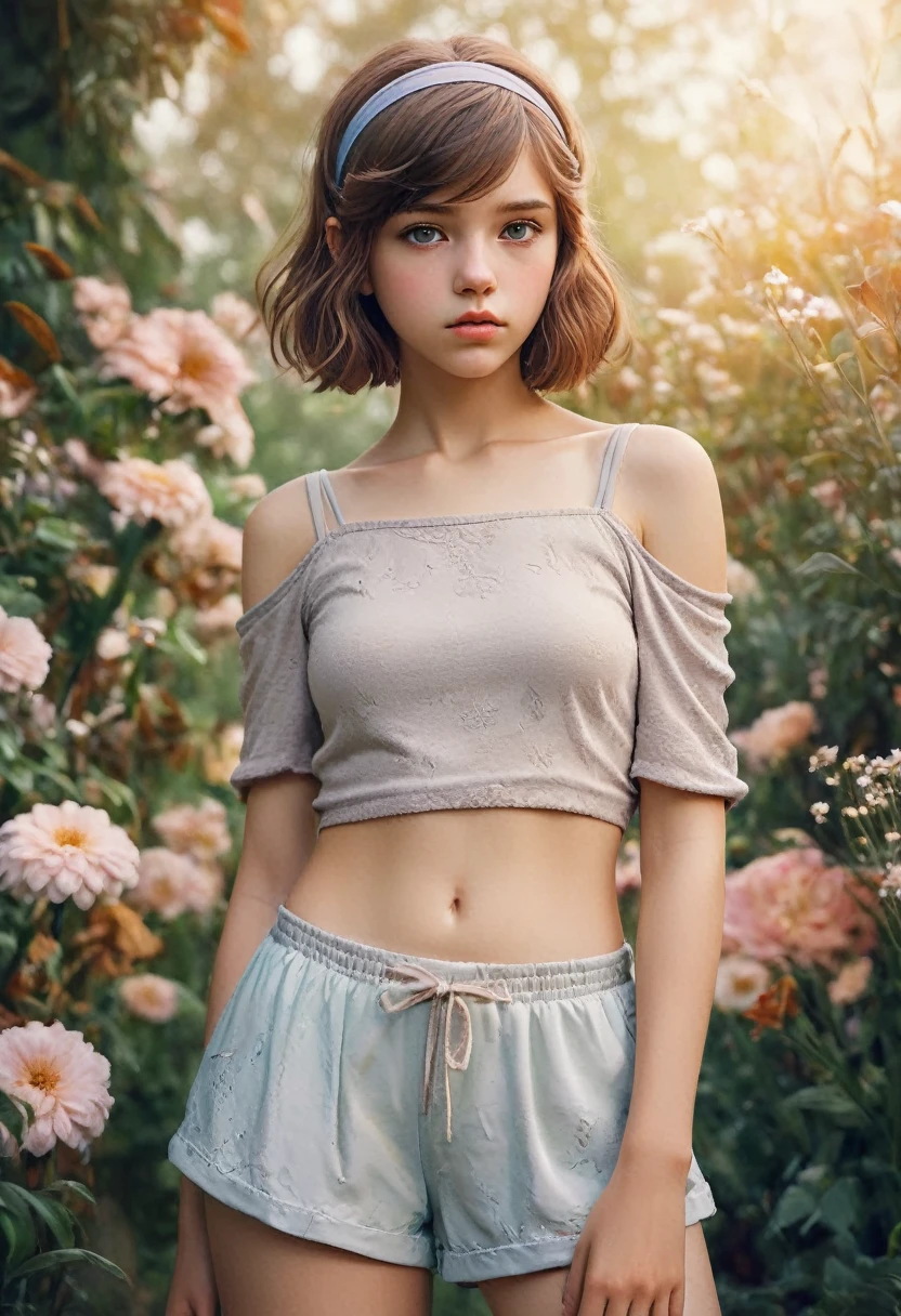 (Kinofoto:1.3) off (Thigh Length Photos:1.3),(sslim:1.3) ((CROPTOP, navel)) Beautiful 12 year old girl, (complex brown hair), muito detalhado texture кожи, realistic texture кожи, looks directly into the camera, (looks at the viewer) ), Schmollmund, , shine, dramatic, dreamy, Pastel flower garden, elegant, strange, soft, muito detalhado, difficult, UHD digital photography, fantasy themed, sslim shoulders, Photo up to the knees , beautiful young girl, large, beautiful body, muito detalhadoe Ganzkörperaufnahme, dreamy, cake, Aquarell, strange, soft, detailed hairband, muito detalhado texture, realistic texture, digital drawing, muito detalhadoes Foto, (art deco: 1 .хoffоралoffм:1.3),(Classical reality:1.3),(Fujifilm Superia:1.3),, Light of the golden hour,