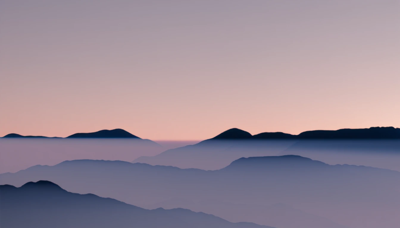 a minimalist landscape, blue mountains, light pink sky, creamy clouds, clean composition, impactful, layered mountain peaks, gold lines
