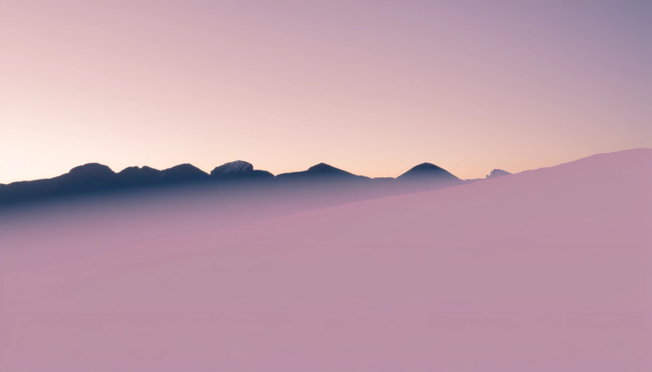 a minimalist landscape, blue mountains, light pink sky, creamy clouds, clean composition, impactful, layered mountain peaks, gold lines