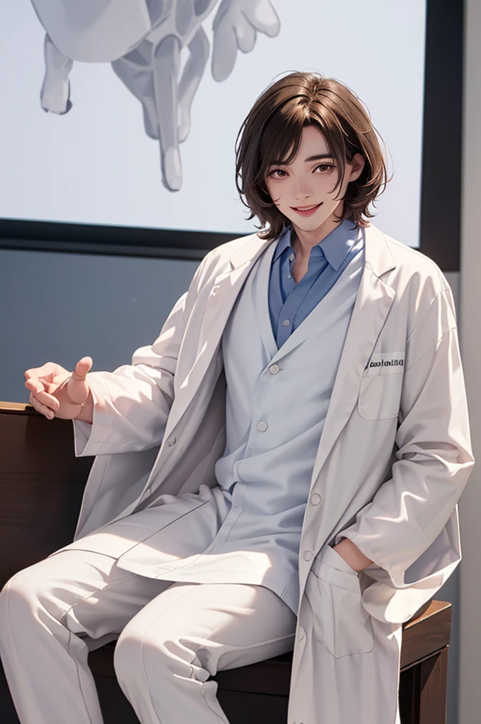 Doctor, 1 man, solo, sitting (Looking at the audience), (white lab coat:1.5), ,Stylish clothes who is an adult /(brown hair/) smile kindly (The best quality masterpiece:1.2) , Delicate illustrations, Special details, ( In the community, detailed background