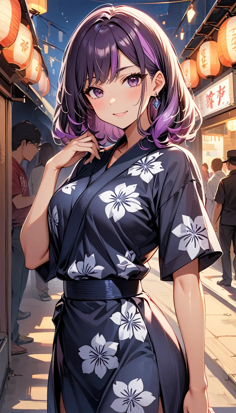 (highest quality:1.2, Very detailed, up to date, Vibrant, Ultra-high resolution, High Contrast, masterpiece:1.2, highest quality, Best aesthetics), Portraiture、girl、25-years-old, Bright colors、Beautiful fine details、Beautiful lip detail、long hair、black and purple ((streaked hair:1.6)), highlights hair: 1.5, brown eyes, ring earrings, ((slim body:1.2)), (small breast:0.7), (dark skin:0.5), (japanese traditional yukata), floral pattern yukata, elegant pose, Gorgeous summer festival, bon dancee, Cowboy shot,