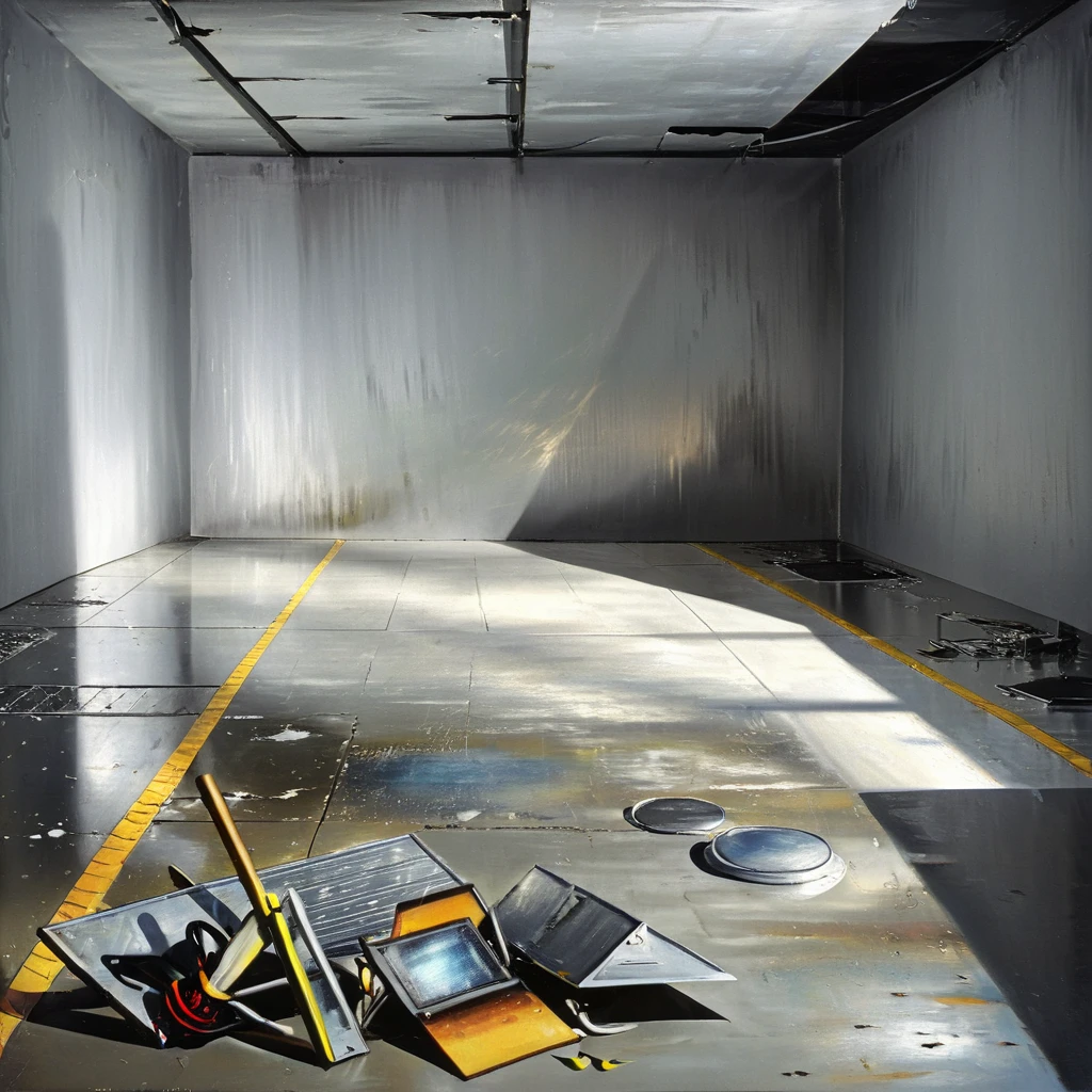 A gray studio background a light lighting in the center, mercury spilled on the floor, metal, steel and glitch
