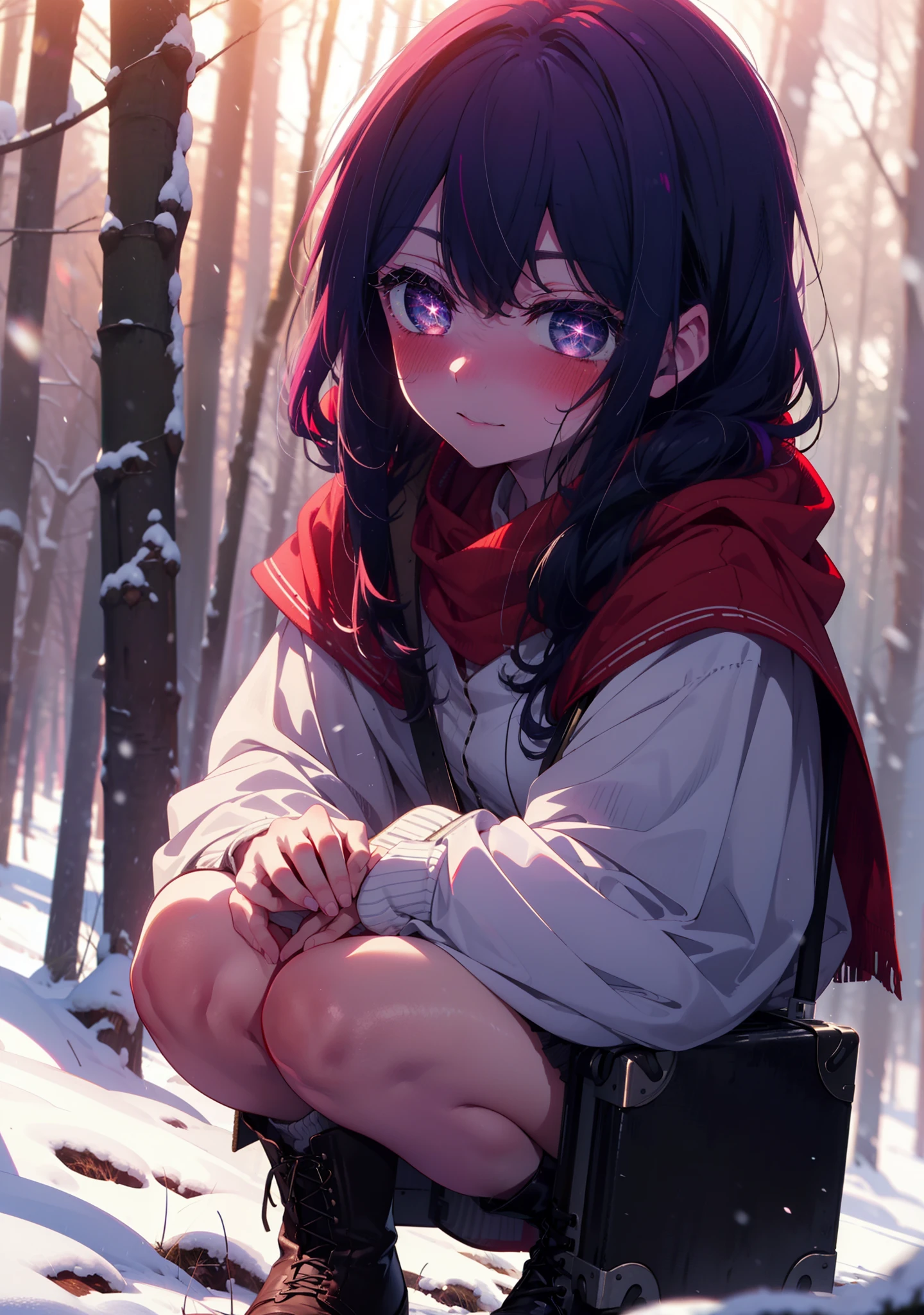 aihoshino, Ai Hoshino, Long Hair, bangs, (Purple eyes:1.1), Purple Hair, (Symbol-shaped pupil:1.5), smile,,smile,blush,white breath,
Open your mouth,snow,Ground bonfire, Outdoor, boots, snowing, From the side, wood, suitcase, Cape, Blurred, , forest, White handbag, nature,  Squat, Mouth closed, Cape, winter, Written boundary depth, Black shoes, red Cape break looking at viewer, Upper Body, whole body, break Outdoor, forest, nature, break (masterpiece:1.2), Highest quality, High resolution, unity 8k wallpaper, (shape:0.8), (Beautiful and beautiful eyes:1.6), Highly detailed face, Perfect lighting, Highly detailed CG, (Perfect hands, Perfect Anatomy),