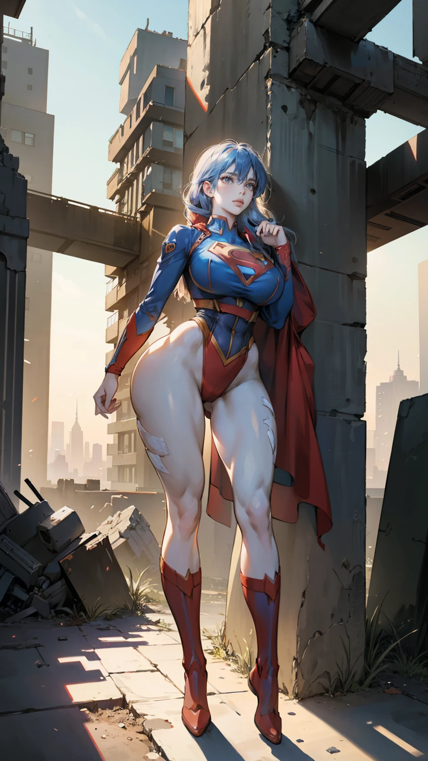 supergirl, pureerosface_v1, sticker of a girl from dc comic, full body, Kim Jung gi, , (gigantic breasts breasts 1.6),soul, digital illustration, comic style, cyberpunk, perfect anatomy, centered, approaching perfection, dynamic, highly detailed, watercolor painting, artstation, concept art, smooth, sharp focus, illustration, art by Carne Griffiths and Wadim Kashin ,, (masterpiece, best quality, ultra-detailed, best shadow),, In the style of Neon Genesis Evangelion, you find yourself standing on a desolate, post - apocalyptic wasteland, as the distant ruins of a massive city loom on the horizon. The sky is filled with ominous clouds, as a massive creature towers in the distance, huge breast, gigantic , titsnipples, curvy, thicc