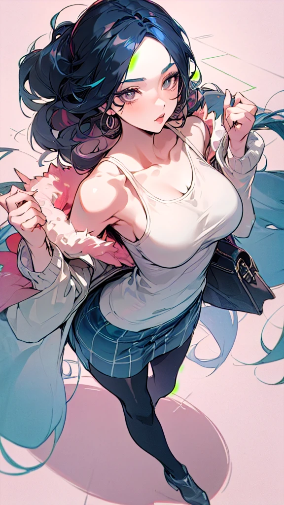 Saggy breasts,Mature Woman,Huge breasts, Huge breasts,alone,Improve,((teasing)),eye shadow,lip,Glossy eyelashes,Blue Hair,Black Hair, ((Two-tone hair)),Earrings, Detailed decoration, oh,Half an eye,Embroidered, Plaid, Pencil Long Skirt, Fur jacket, Tank top,ribbon, Off the shoulder, ((expose forehead)), Long Hair, Curly Hair,From an angle, From the side,Dynamic Angle, throw,((From above)) ,(Hand Focus),(((pastel colour))), Wide-angle,date, Walking around the city, bag,