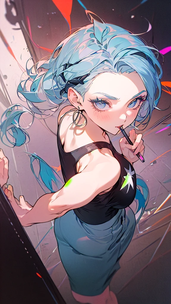 Saggy breasts,Mature Woman,Huge breasts, Huge breasts,alone,Improve,((teasing)),eye shadow,lip,Glossy eyelashes,Blue Hair,Black Hair, ((Two-tone hair)),Earrings, Detailed decoration, oh,Half an eye,Embroidered, Plaid, Pencil Long Skirt, Fur jacket, Tank top,ribbon, Off the shoulder, ((expose forehead)), Long Hair, Curly Hair,From an angle, From the side,Dynamic Angle, throw,((From above)) ,(Hand Focus),(((pastel colour))), Wide-angle,date, Walking around the city, bag,
