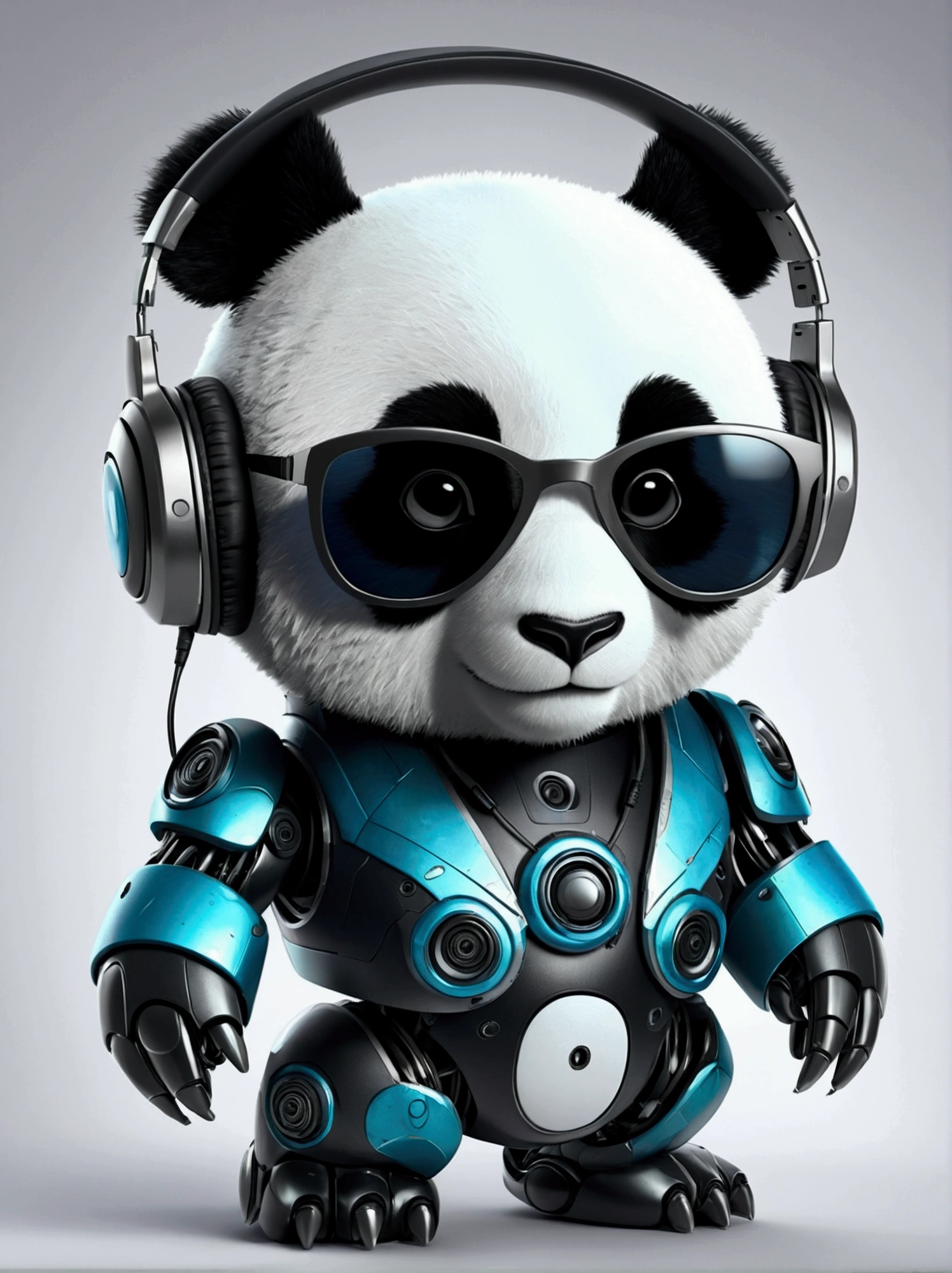 Cute Panda Robot,Wear sunglasses, Put on your headphones, Standing position, Abstract Beauty, dynamic, Highly detailed digital painting, Concept Art, 8k, High resolution