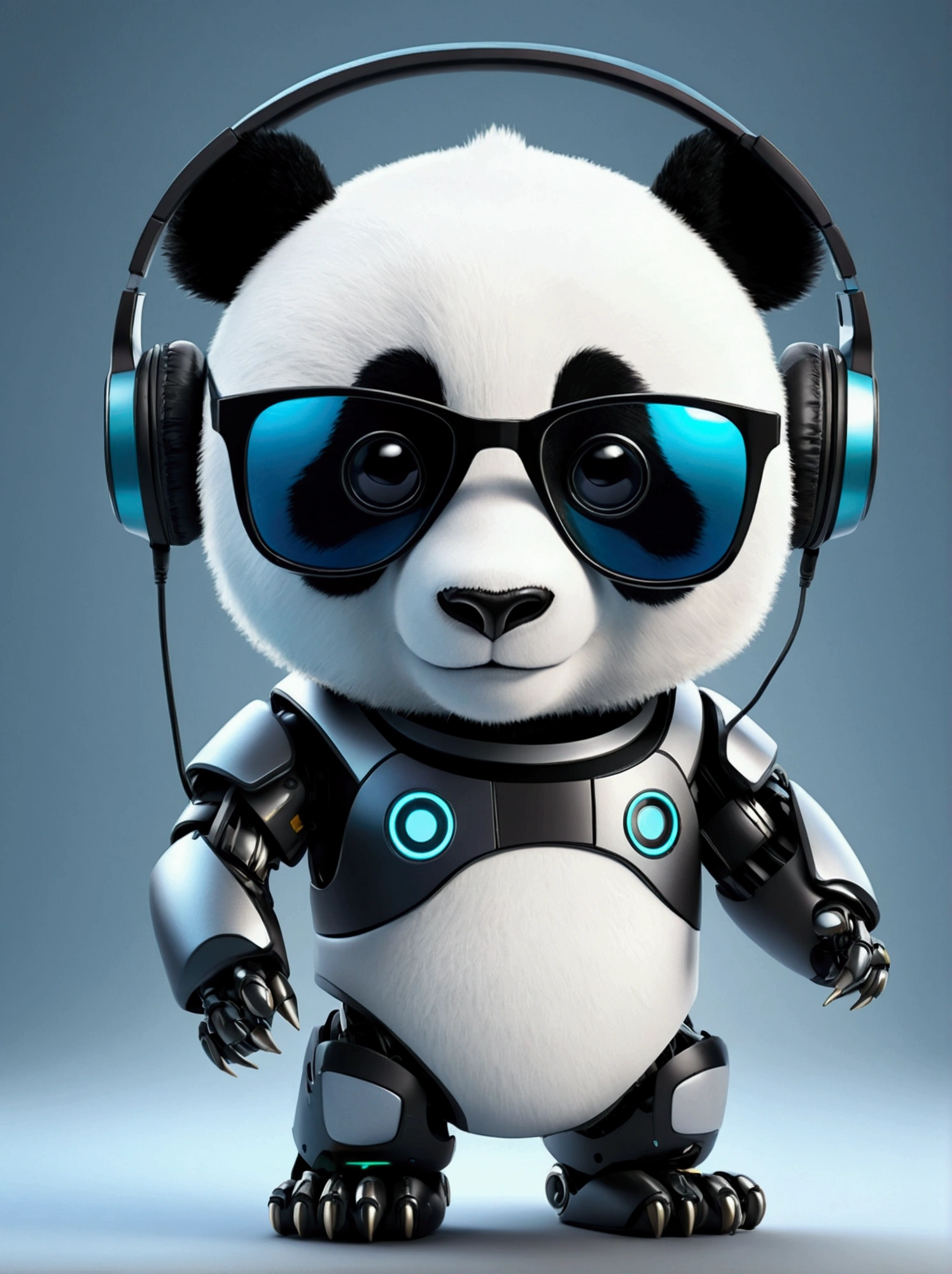 Cute Panda Robot,Wear sunglasses, Put on your headphones, Standing position, Abstract Beauty, dynamic, Highly detailed digital painting, Concept Art, 8k, High resolution
