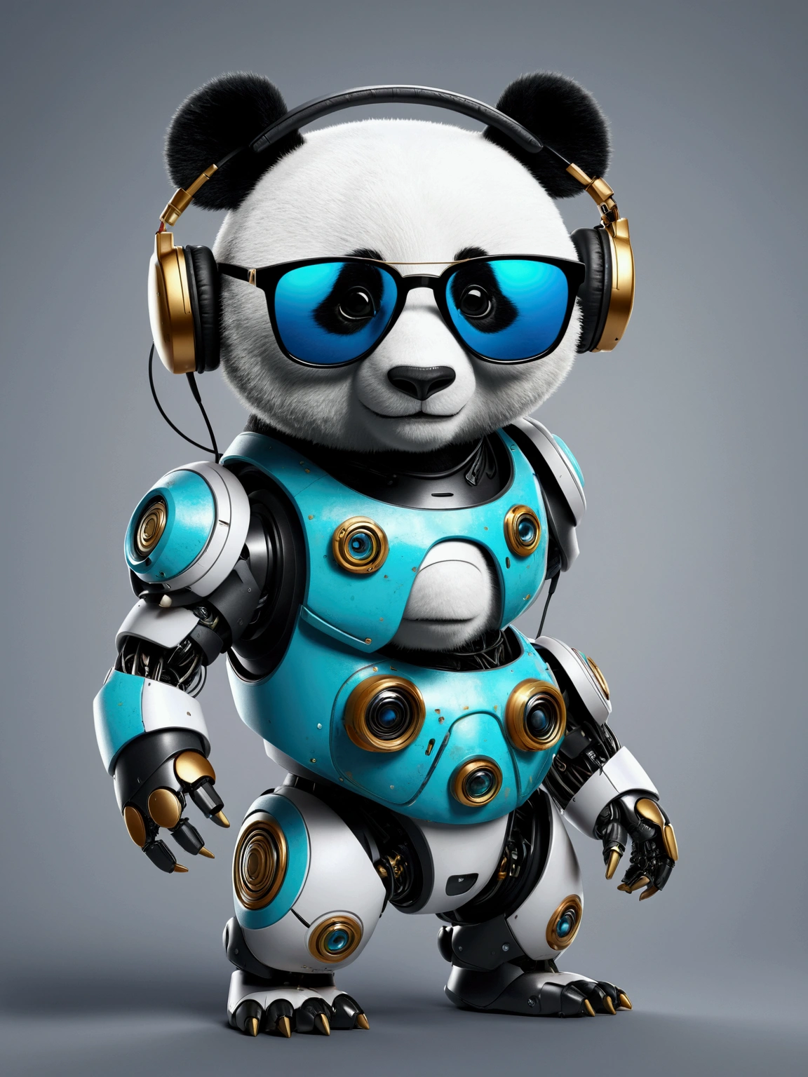 Cute Panda Robot,Wear sunglasses, Put on your headphones, Standing position, Abstract Beauty, dynamic, Highly detailed digital painting, Concept Art, 8k, High resolution