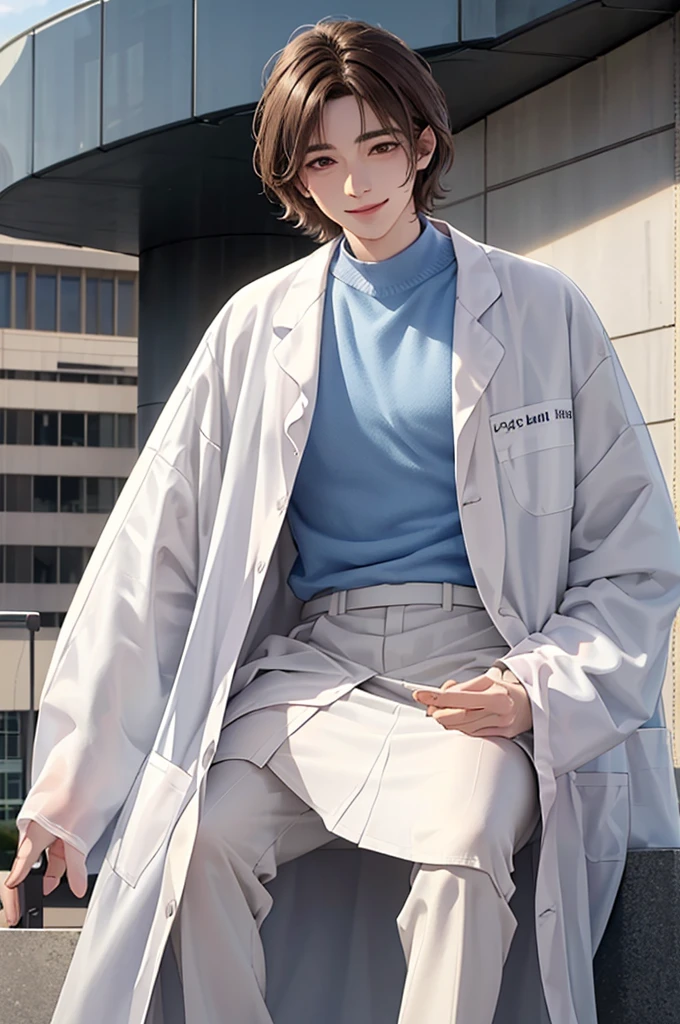 Doctor, 1 man, solo, sitting (Looking at the audience), (white lab coat:1.5),  ,Stylish clothes who is an adult /(brown hair/)  smile kindly (The best quality masterpiece:1.2) , Delicate illustrations, Special details, ( In front of the hospital
