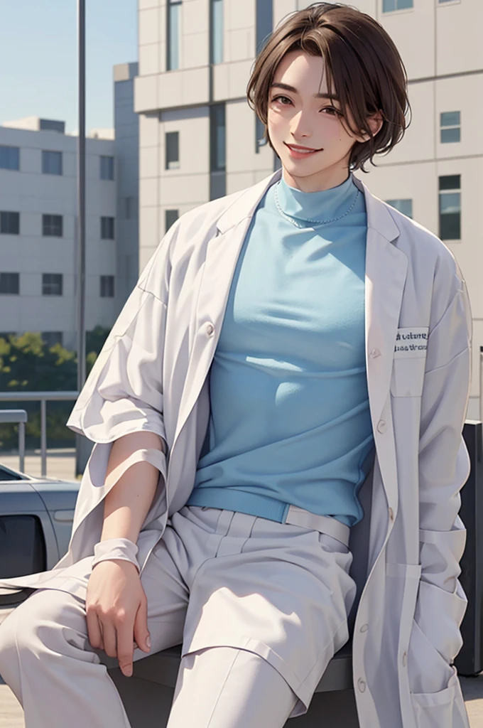 Doctor, 1 man, solo, sitting (Looking at the audience), (white lab coat:1.5), ,Stylish clothes who is an adult /(brown hair/) smile kindly (The best quality masterpiece:1.2) , Delicate illustrations, Special details, ( In front of the hospital