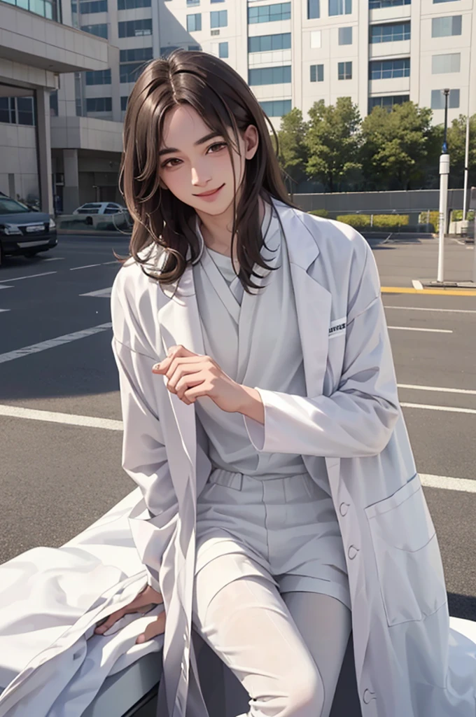 Doctor, 1 man, solo, sitting (Looking at the audience), (white lab coat:1.5), ,Stylish clothes who is an adult /(brown hair/) smile kindly (The best quality masterpiece:1.2) , Delicate illustrations, Special details, ( In front of the hospital