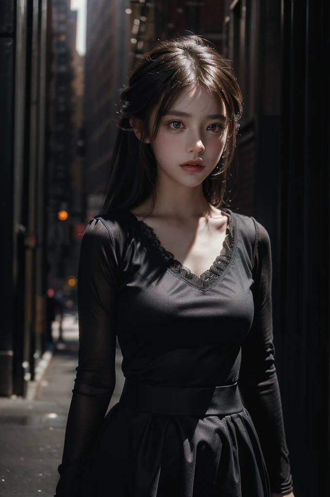 1girl, (looking at viewer:1.2), detail face, (a girl standing, rending on cgsociety, black shadows, streaming, new york backdrop), romanticism, atmospheric, (RAW photo, best quality), (realistic, photo-realistic:1.3), masterpiece, an extremely delicate and beautiful, extremely detailed,