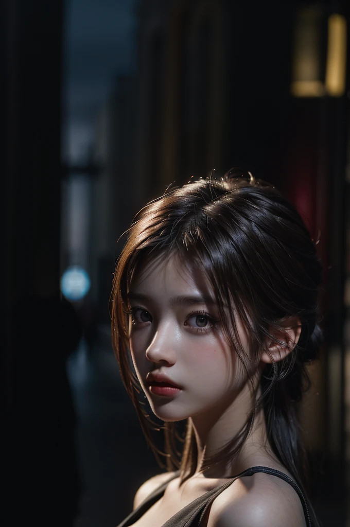1girl, (looking at viewer:1.2), detail face, (a girl standing, rending on cgsociety, black shadows, streaming, new york backdrop), romanticism, atmospheric, (RAW photo, best quality), (realistic, photo-realistic:1.3), masterpiece, an extremely delicate and beautiful, extremely detailed,