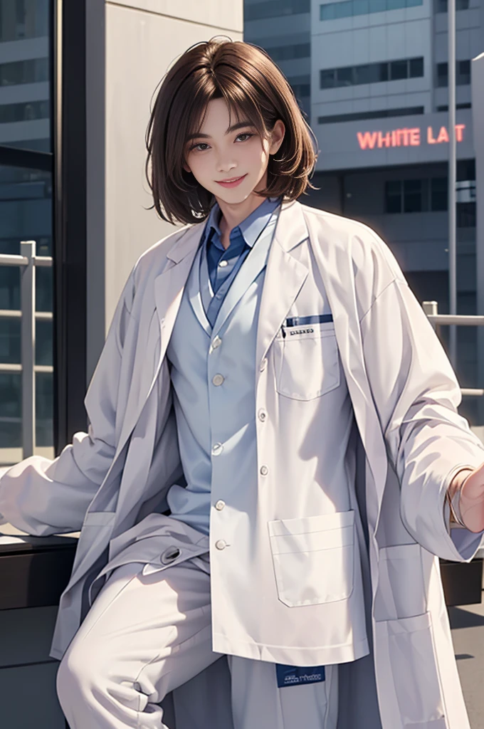 Doctor, 1 man, solo, sitting (Looking at the audience), (white lab coat:1.5), ,Stylish clothes who is an adult /(brown hair/) smile kindly (The best quality masterpiece:1.2) , Delicate illustrations, Special details, ( In front of the hospital