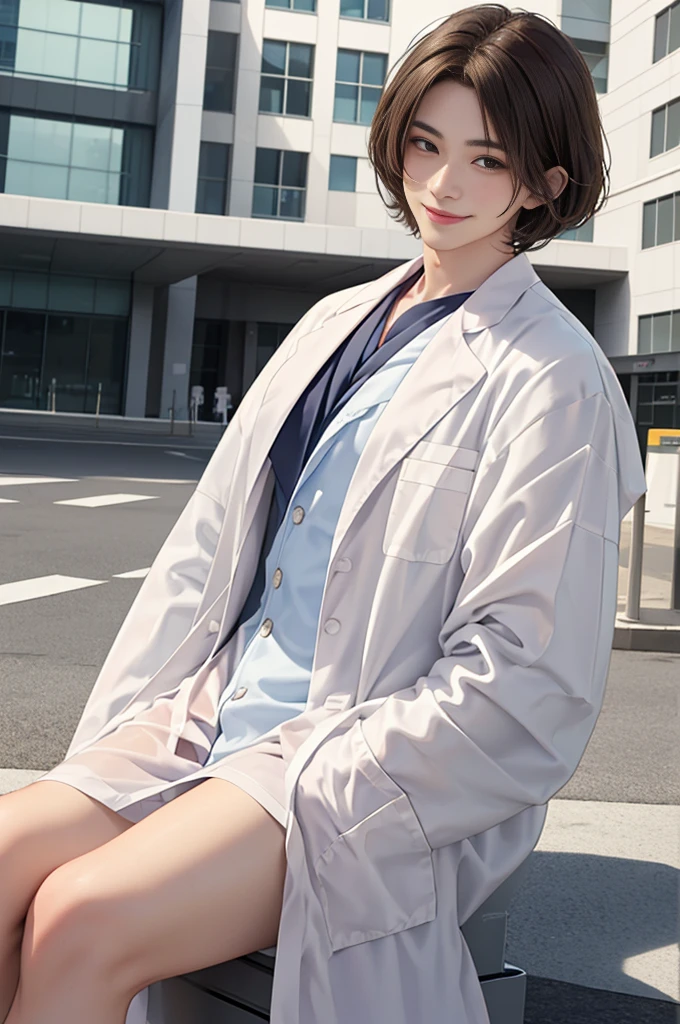 Doctor, 1 man, solo, sitting (Looking at the audience), (white lab coat:1.5), ,Stylish clothes who is an adult /(brown hair/) smile kindly (The best quality masterpiece:1.2) , Delicate illustrations, Special details, ( In front of the hospital