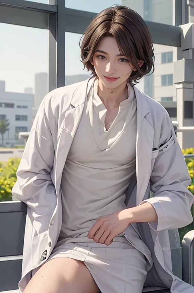 Doctor, 1 man, solo, sitting (Looking at the audience), (white lab coat:1.5), ,Stylish clothes who is an adult /(brown hair/) smile kindly (The best quality masterpiece:1.2) , Delicate illustrations, Special details, ( In front of the hospital