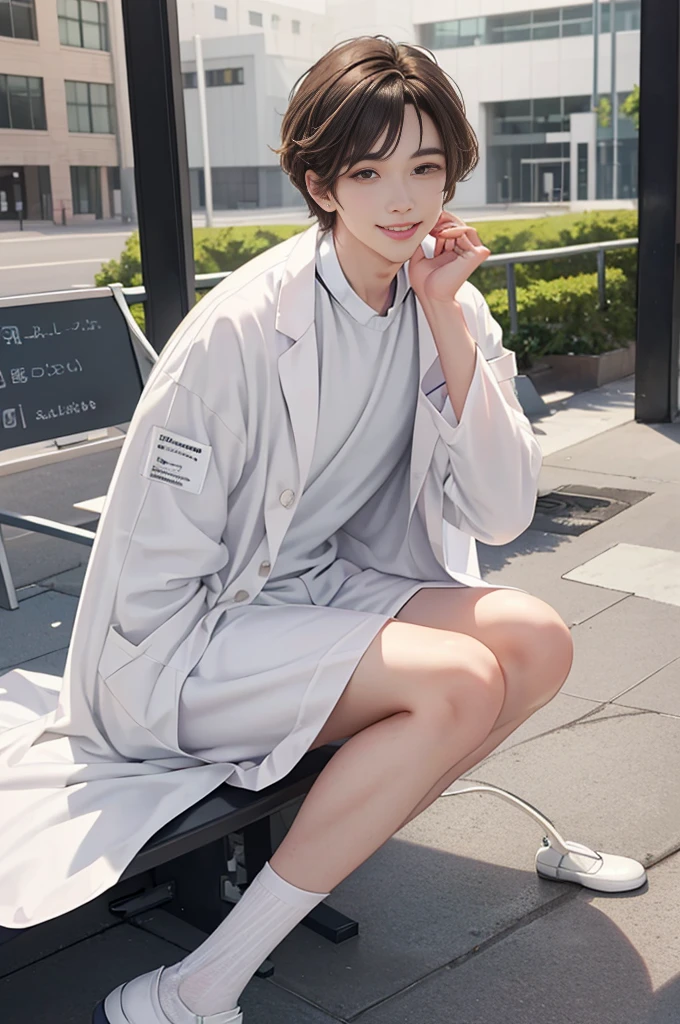 Doctor, 1 man, solo, sitting (Looking at the audience), (white lab coat:1.5), ,Stylish clothes who is an adult /(brown hair/) smile kindly (The best quality masterpiece:1.2) , Delicate illustrations, Special details, ( In front of the hospital