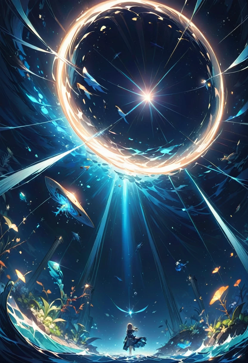 scene: 薄In the dark seaで太陽の光が水を通して差し込む様子を描写。
detailed:
- 薄In the dark seaの色合い: Deep Blueや緑
- 太陽の光: 細いPillar of Lightとして水面から差し込む
- Pillar of Light: Shimmering in the water、Disappear before reaching the ocean floor - Marine organisms and plankton: Soaring in the light - Undersea: can not see、Keywords that make you feel like you are in a deep place:
- "In the dark sea"
- "The sunlight shines in"
- "Pillar of Light"
- "Flickering Light"
- "Fantasy"
- "mysterious"
- "Silence"
- "Deep Blue"
- "Microscopic plankton"
