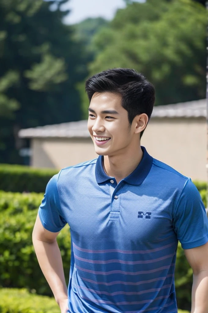 Korean man, Inspiration from Peng Yuyan, 23 years old, Korean muscular man ,The computer room is in the back. Sports t-shirts, polo, tight, navy blue., open mouth smile