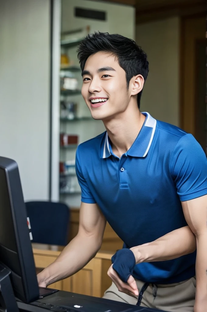 Korean man, Inspiration from Peng Yuyan, 23 years old, Korean muscular man ,The computer room is in the back. Sports t-shirts, polo, tight, navy blue., open mouth smile