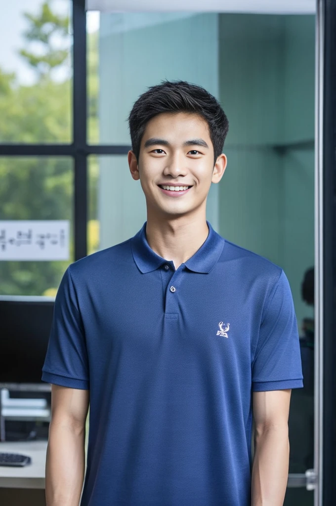 Korean man, Inspiration from Peng Yuyan, 23 years old, Korean muscular man ,The computer room is in the back. Sports t-shirts, polo, tight, navy blue., open mouth smile