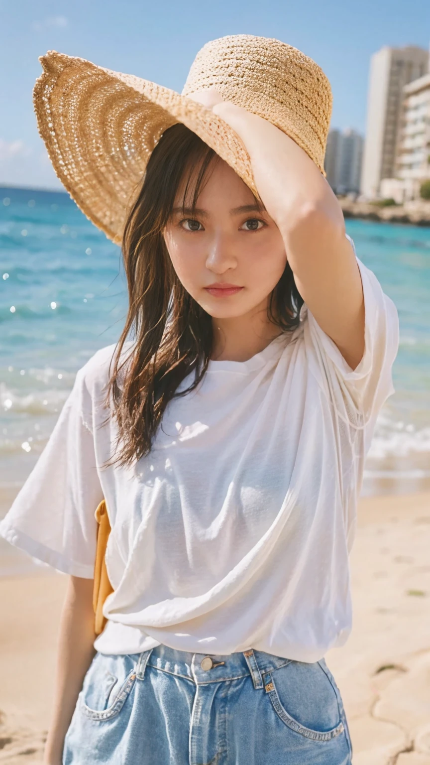 (masterpiece), (Highest quality), (Very detailed),(Disheveled Hair),(shape), (One Girl), (Summer clothes), Are standing, Fashion Model, View your audience, (interview), (Beach),Beautiful details, Delicate and beautiful face, floating,(High saturation),(Colorful splashes),Colorful bubbles,(The Shining), Focus on the face, Hair Ring, Floating Flowers, Floating Hair, (The Shining), Best lighting, Best Shadow,
