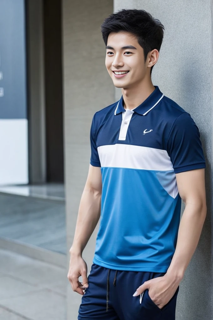 Korean man, Inspiration from Peng Yuyan, 23 years old, Korean muscular man ，The computer room is in the back. Sports t-shirts, polo, tight, navy blue., open mouth smile
