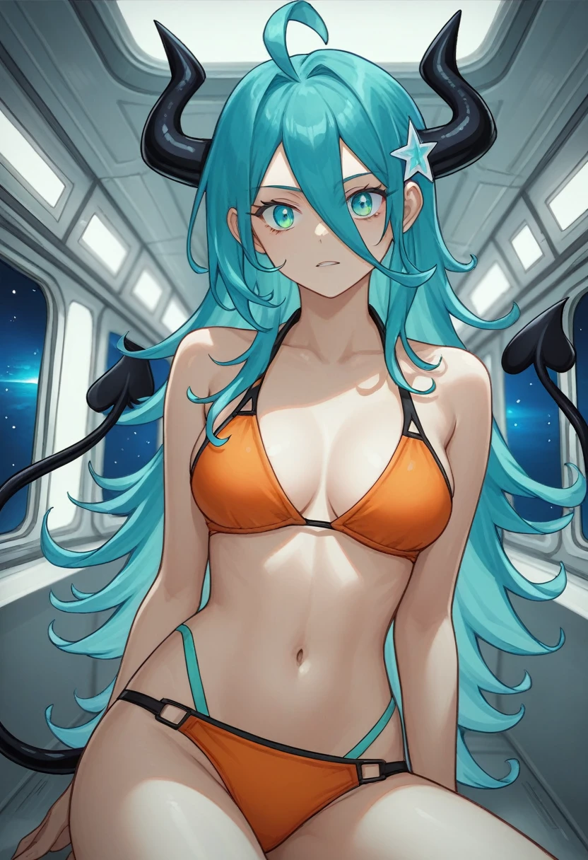 score_9, score_8_up, score_7_up,1 daemon woman, black horns, black demon tail, (aquamarine hair),aquamarine green color hair,ahoge, long hair, (long hair),bangs, light orange bikini, bikini is orange, bikini orange, orange bikini!, (aquamarine eyes), background is spaceship, aquamarine eyes, 1woman ,facing viewer, daemon girl, close up,Well-endowed, alone, Spacecraft interior, sexy pose