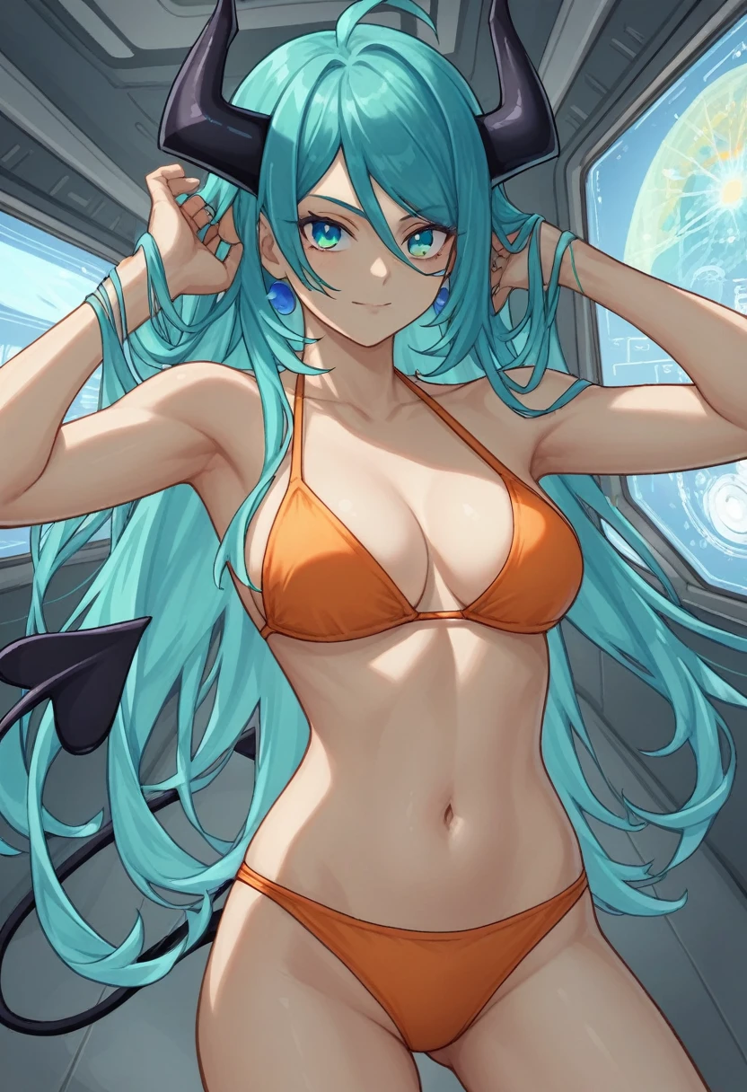 score_9, score_8_up, score_7_up,1 daemon woman, black horns, black demon tail, (aquamarine hair),aquamarine green color hair,ahoge, long hair, (long hair),bangs, light orange bikini, bikini is orange, bikini orange, orange bikini!, (aquamarine eyes), background is spaceship, aquamarine eyes, 1woman ,facing viewer, daemon girl, close up,Well-endowed, alone, Spacecraft interior, sexy pose