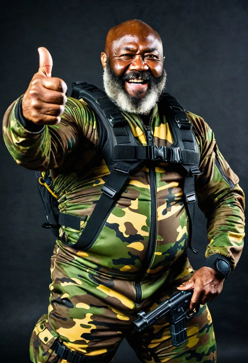 (a dark-skinned bearded fat muscular old man in a bulky army camouflage zipper diver suit) masturbating, thumbs up, carrying a gun, muscular, Bruce Onobrakpeya, sumatraism, stanley artgermm, action, heroic, fierce, angry, best quality