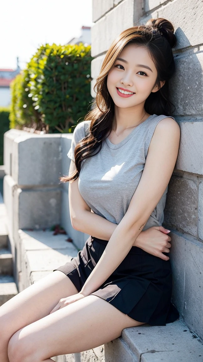 8K picture quality、high resolution、Realistic skin texture、high resolutionの瞳、Miss、Miss in the summer forest、Sleeveless knitted shirt、Short pleated skirt,Thin legs、sports shoes,Princess hairstyle、Thin、From below,From the front,Middle-parted bangs,quantities,Black Hair,Long hair,iris,beauty's eyes,Smile,、Wind Blow,The skirt fluttered,,Radiant Skin,Glowing skin,Climb stairs,Fire escape routes in buildings,Beautiful leg line beauty,Attractive thighs,Full of sexiness,sensuous,Carefree Smile,Heal the mind,Low Ponytail,beauty,Long Neck,Smile,Large Breasts、(a charming smile:1.2), Brown hair、Large target、Sweat accumulates on the chest、Comb your hair up