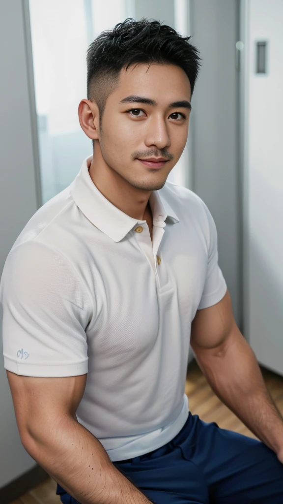 Masterpiece, best quality, high resolution, realistic, handsome, Take beautiful photos, A photo of a 35-year-old Gym Association member sitting on the floor. (The man has a thin mustache.) ,Full body, Portrait, Standing in the locker room, make military media, weight, Amazing , Buzzcut short hair,stubble head , (Hyper Muscle),looking at the audience, Flirt with the camera, charming, (Tight white polo shirt Cargo pants ),(GS-Male:1), 8k,Bokeh,Portrait,look at the viewer, smile
