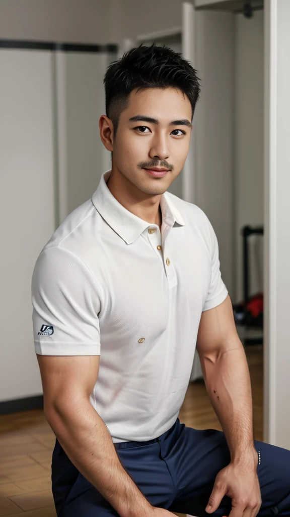 Masterpiece, best quality, high resolution, realistic, handsome, Take beautiful photos, A photo of a 35-year-old Gym Association member sitting on the floor. (The man has a thin mustache.) ,Full body, Portrait, Standing in the locker room, make military media, weight, Amazing , Buzzcut short hair,stubble head , (Hyper Muscle),looking at the audience, Flirt with the camera, charming, (Tight white polo shirt Cargo pants ),(GS-Male:1), 8k,Bokeh,Portrait,look at the viewer, smile 