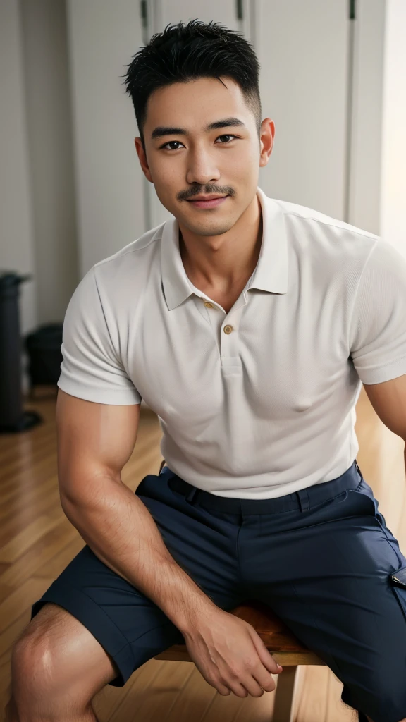 Masterpiece, best quality, high resolution, realistic, handsome, Take beautiful photos, A photo of a 35-year-old Gym Association member sitting on the floor. (The man has a thin mustache.) ,Full body, Portrait, Standing in the locker room, make military media, weight, Amazing , Buzzcut short hair,stubble head , (Hyper Muscle),looking at the audience, Flirt with the camera, charming, (??????????? polo shirt Cargo pants ),(GS-Male:1), 8k,Bokeh,Portrait,look at the viewer, smile 