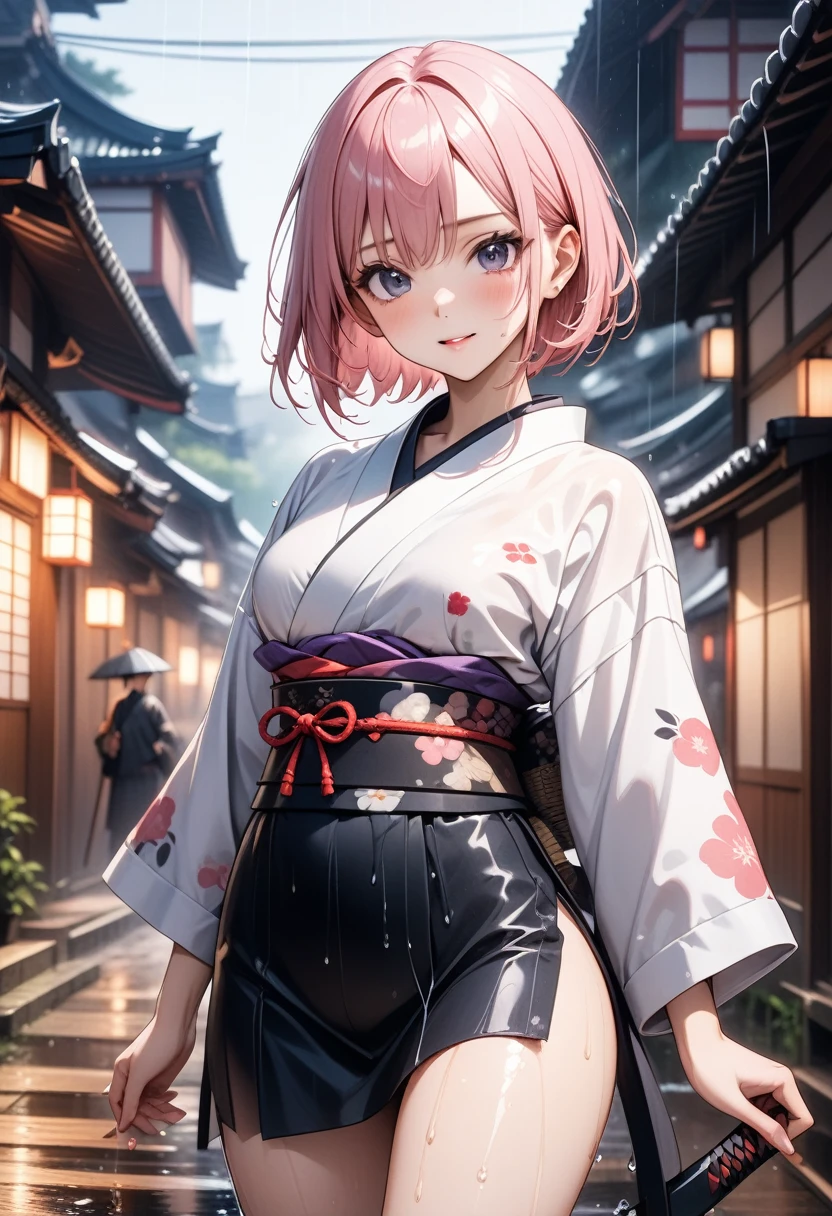 ((Wet Hair)), ((Wet skin)), ((wet clothes)), (((Samurai costume))), (((kimono))), dark Outfit, ((skindentation)), skinny, solo, (1 sexy woman), Masterpiece, highest quality, highest quality, 16K, incredibly absurd, highly detailed, 2.5D, ai-generated, delicate and dynamic, very delicate facial expressions, delicate eye depiction, erotic, only sexy woman, (short hair), (pink hair:1.5), bob cut, black eye, ((A cute and kind face)), healthy figure, ((25-year-old woman)), 160cm tall, medium firm swaying bust, blush, Sweat,Embarrassed,sexy, ((thin thighs)), ((shiny and lustrous)), facing straight at viewer, Japan in the Edo period, post town scenery, heading to battle, in the rain, Close-up,