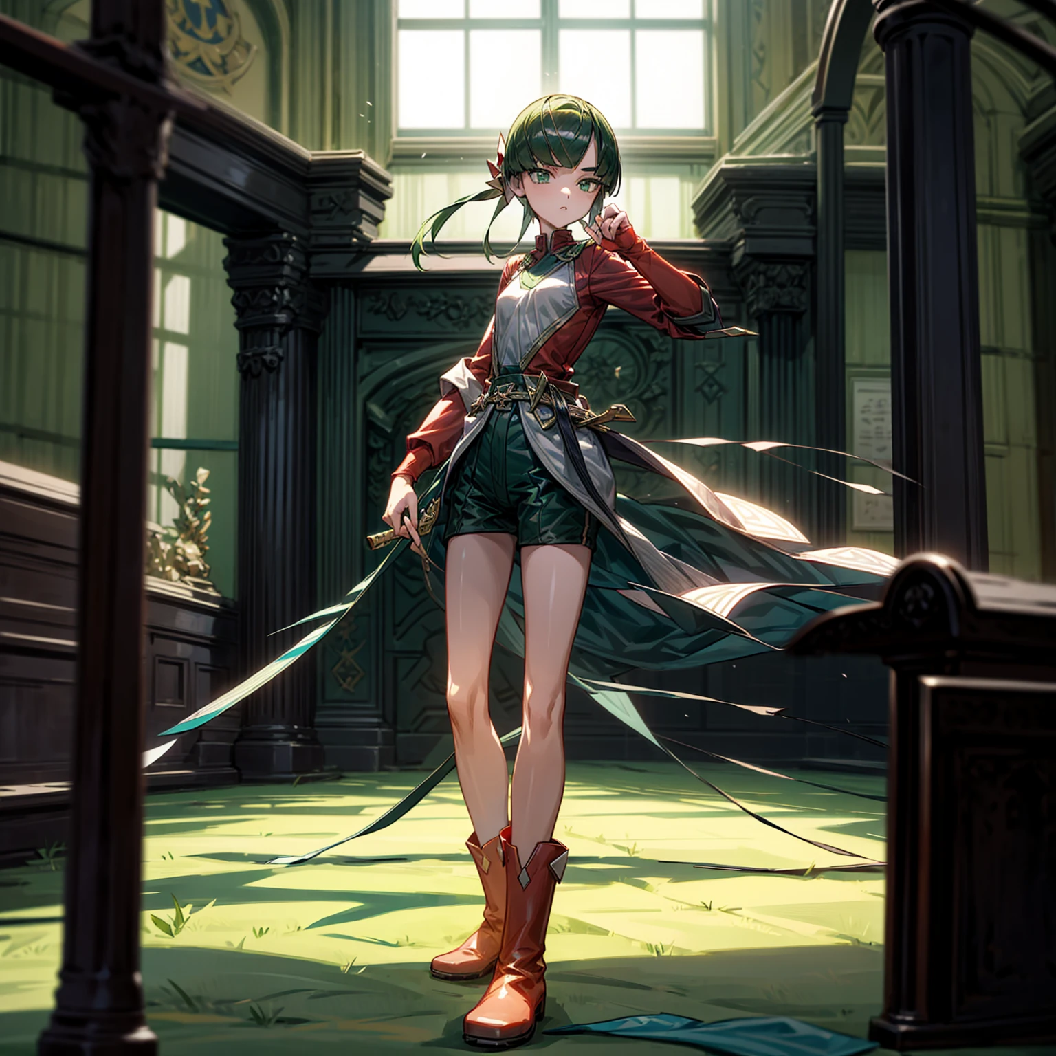 1girl, Full body version, 1character, green eyes, short haircut, green color hair, soldier style clothing, red colour clothing, boots, Grassroots, background indoor building city, motion blur, (detective conan style art), standing gesture, sword in hand