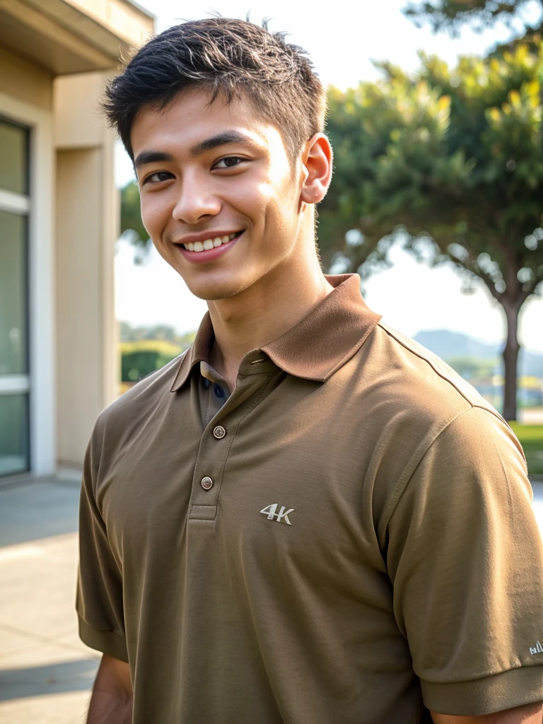 (best quality, 4K, 8k, high resolution, Masterpiece: 1.2), Special details, (realistically, As realistic as a photo, photo realistic: 1.37), Edge lighting, Extra detailed coloring, sharp focus, Physical rendering ,Extremely detailed description,professional,light color,Bokeh,Portrait,look at the viewer, Young Asian man, 20 years old ,(wearing a brown polo shirt), smile ,Wide yard